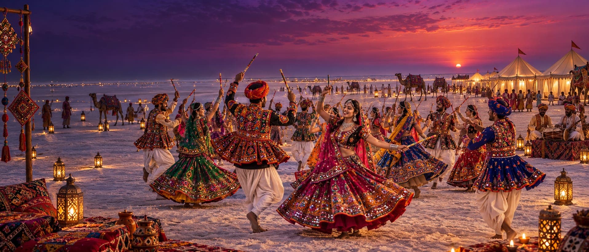 A large circle of garba dancers in mirrored chaniya choli on the Rann of Kutch salt flats beneath a sunset sky